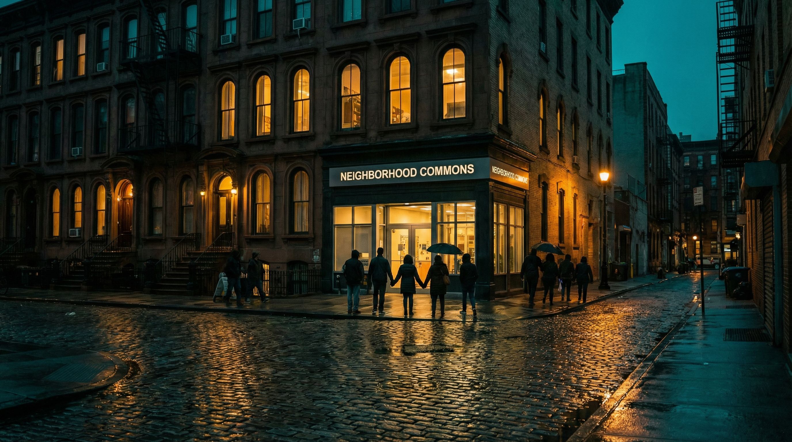 A community neighborhood at twilight with warm light glowing from windows, people walking together